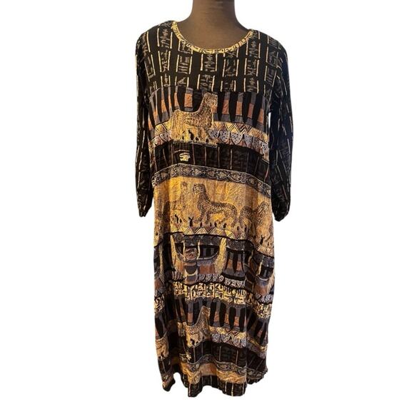 Vtg Boho Cheetah Artsy Eclectic Lagenlook Midi Dress Size S Egyptian Indie - Picture 2 of 7